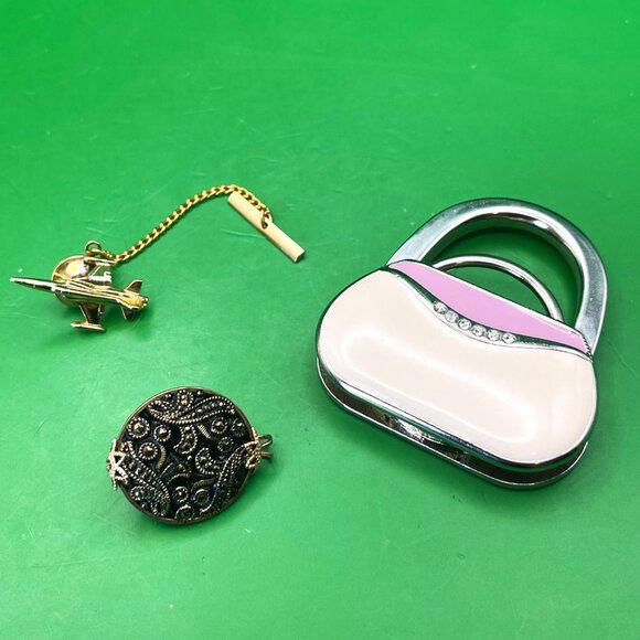 VTG Jewelry Trinket Lot 3pc Purse Hook Tie Tack Pin Marcasite Style Dress Clip - Picture 1 of 13